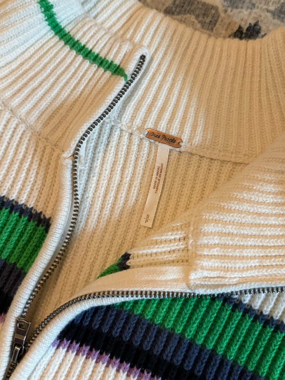 Free People Cream Ribbed Zip-Up Cropped Sweater with Green & Navy Stripe Accents